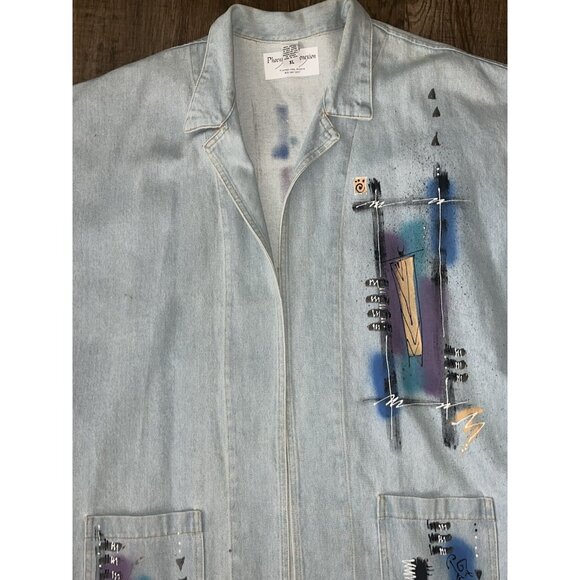 Denim Fringed Jacket XL Southwestern Painted Cotton Open Front Whimsiegoth Hip - Picture 7 of 13
